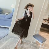背带裙夏装韩版学院T恤蕾丝镂空v领中长款无袖黑色连衣裙两件套