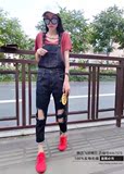 包邮 2016新款 韩版时尚深色破洞牛仔背带裤  九分裤女