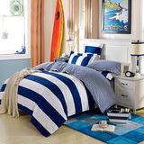 纯色四件套纯棉床上床单式四件套海军蓝白条纹地中海风格全棉套件