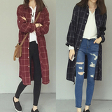 韩国原宿BF风复古宽松彩线格子大口袋超显瘦中长款衬衫外套上衣女