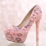 新款粉色珍珠水钻超高跟新娘鞋圆头防水台细跟婚鞋LOVE浅口女单鞋