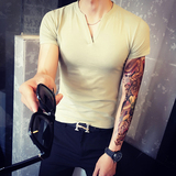 韩国简约V领针织短袖 男时尚休闲纯色修身打底衫舒适潮流体恤衫