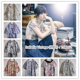 2016夏装日本制复古古着Vintage孤品雪纺短袖衬衫花朵田园开衫