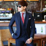 韩版修身型西服套装男士小西装三件套男商务休闲纯色青年职业正装