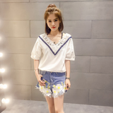 2016夏季新款韩国大V领蕾丝衫短袖显瘦T恤女装套头打底衫纯色上衣