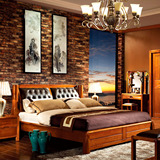 现代中式实木床高箱真皮软包靠背双人床1.8米金丝楠木色床婚大床