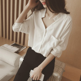 韩国代购2016夏装新款女韩版修身蝙蝠袖七分袖雪纺V领性感衬衫潮