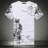 夏季男装新款v领花式短袖T恤 个性沙滩风格椰子树字母图案印花潮t
