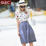 GLEC大码女装 2016夏装新款胖mm雪纺上衣+条纹中裙两件套装连衣裙
