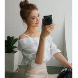 2016韩国夏装新甜美一字露肩荷叶边排扣喇叭袖纯色吊带衬衫上衣女