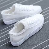 白色帆布鞋女夏平跟系带小白鞋学生韩版平底百搭布鞋透气系带板鞋