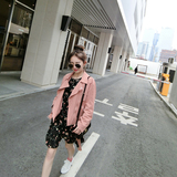 2016春装新款 韩版休闲机车风纯色棉麻短外套女 粉色夹克显瘦上衣