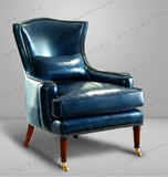 新款美式意大利油蜡皮皮艺休闲椅单人沙发 法式复古蓝色老虎椅