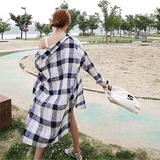 2016韩国女装新款薄款透气宽松格子衬衫女秋中长款长袖开衫衬衣