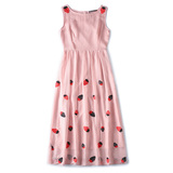 罗家精品 2016夏季女装新款 减龄草莓刺绣修身长裙无袖粉色连衣裙