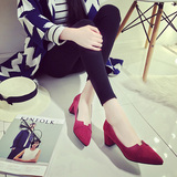 2016春秋季红色高跟鞋尖头黑色浅口单鞋韩版中跟工作休闲女鞋粗跟