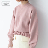 韩国代购16春季新款纯色圆领套头长袖荷叶边针织衫卫衣女短款 潮