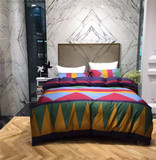 新品60支几何彩色图案长绒棉 全棉美式床单被套床上用品四件套