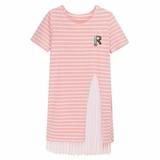 西西小可*女装夏季新款粉色条纹T恤百褶吊带雪纺连衣裙两件套