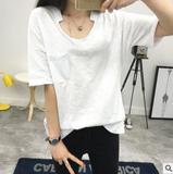 2016韩国代购韩版夏季女宽松大码竹节棉V领中长款纯棉短袖T恤女