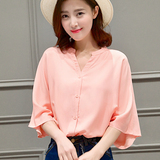 夏天新款韩版女装宽松V领五分袖衬衫女士时尚粉色上衣小衫打底衫