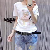 夏季卡通学生短袖T恤女搭配韩版牛仔短裤背带裤半身短裙子的上衣