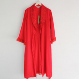女中袖刺绣100%桑蚕丝大红色真丝睡衣专柜正品丝绸吊带睡袍两件套