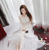 2016秋新款韩国名媛甜美公主长袖修身连衣裙仙女气质花朵鱼尾长裙