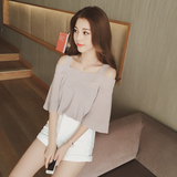 6度2016夏装韩版新款背带荷叶边喇叭袖宽松纯色针织衫上衣女E8112