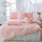 韩版公主风纯色夹棉加厚床罩床裙床笠四件套被套蕾丝床盖式多件套