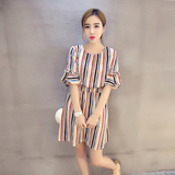 2016夏季新款韩版大码女装修身显瘦条纹高腰短裙荷叶边短袖连衣裙