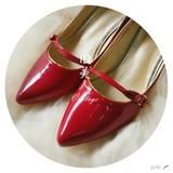 【旧美人】VINTAGE 酒红色漆皮绑带复古尖头高跟鞋古董鞋