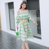 2016夏季新款韩版女装松紧一字领灯笼袖格子宽松收腰中长款连衣裙