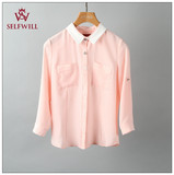 温婉气质 韩国16年夏款粉色七分袖可挽袖雪纺衬衫女PRBA62382Q