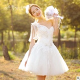 时尚婚纱礼服2015新款韩版蕾丝晚礼服白色单肩短款伴娘服小礼服裙