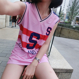 韩国新款印花宽松夏运动无袖T恤中长款背心篮球服网纱潮女连衣裙