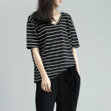 2016韩版夏季新款大码宽松黑白条纹V领短袖T恤女薄款百搭上衣简约