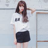 2016韩国夏季时尚短裤套装女棉麻休闲学生条纹上衣棒球服两件套潮