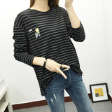 韩国风休闲新品简约辛普森印花条纹纯棉长袖T恤