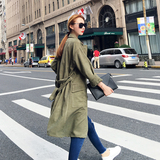 韩国代购2016秋装新款韩版学生收腰显瘦军绿色中长款风衣外套女薄