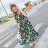 韩国2016春夏季新品复古绿色碎花连衣裙宽松大码娃娃衫雪纺裙长裙