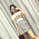 包邮2016夏季韩版新款减龄刺绣T恤+千鸟格假两件绣花短裙两件套女