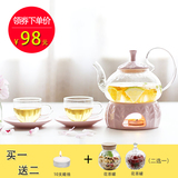 陶瓷花茶茶具套装 水果茶壶茶杯套装 耐热玻璃加热底座下午茶壶
