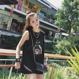 【夏梦】iFashion2016夏季新款韩版无袖体恤女狗头印花中长款T恤