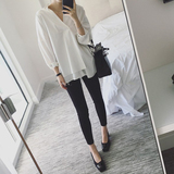 韩国代购2016夏季新款宽松大码假两件条纹长袖衬衫v领bf风衬衣女
