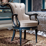 新古典扶手椅欧式雕花化妆椅实木描金真皮客厅沙发休闲椅书椅定做