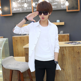 秋装新品韩版男士中长款棉麻长袖衬衫青少年修身纯色薄衬衣小外套
