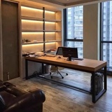 简约现代实木书桌金属会议桌原木电脑桌长方形办公桌酒吧咖啡桌子