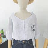 包邮！韩国ulzzang2016夏装新款韩范宽松竖条纹可爱小狗刺绣衬衣