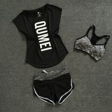 夏季瑜伽服三件套装女健身房跑步运动短袖上衣假两件短裤防震文胸